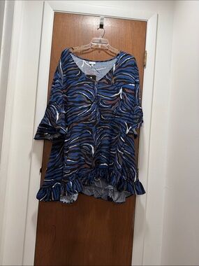 Avenue Blue and Black Zebra-Print Ruffle Hem Tunic